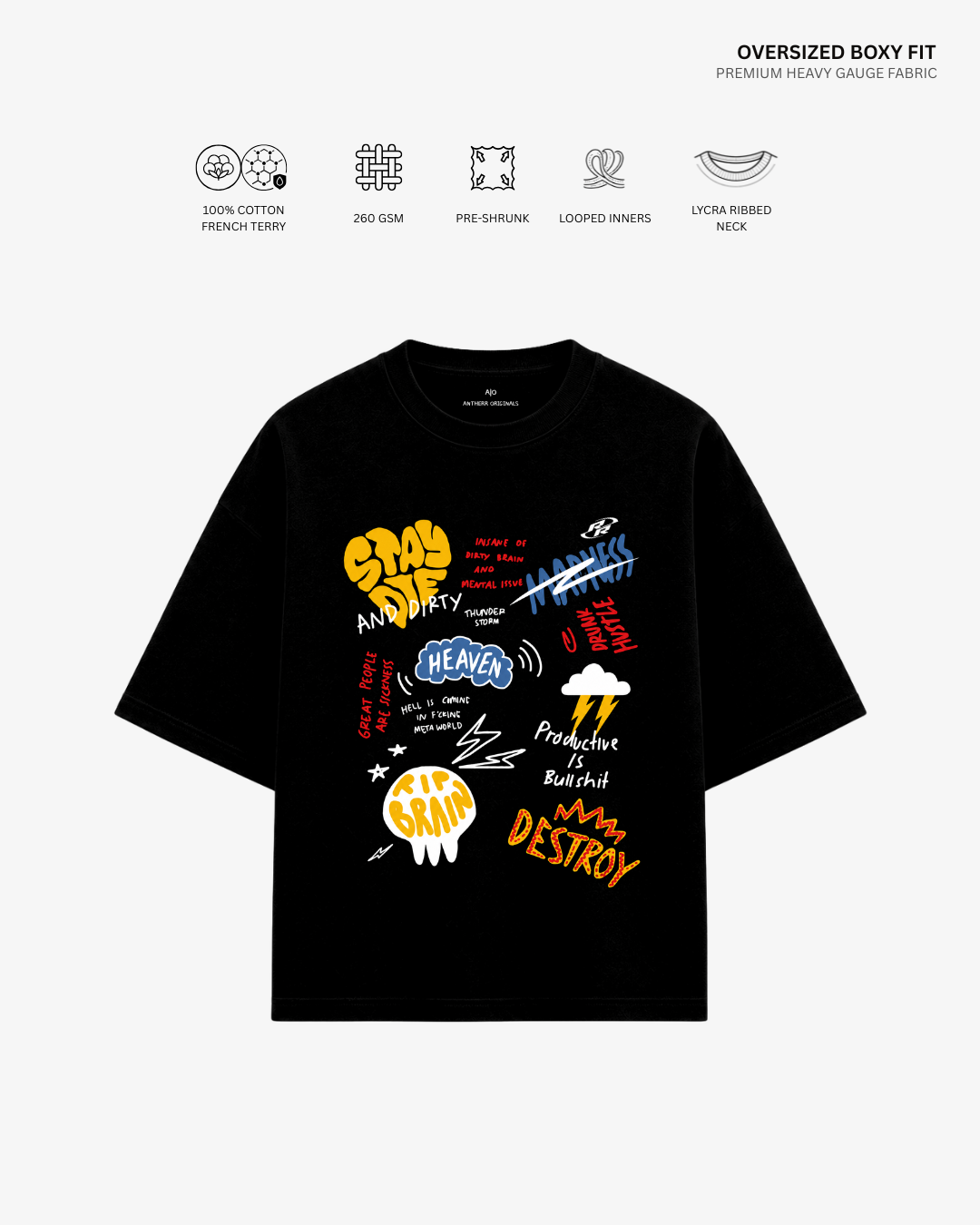 Stay Dirty French Terry Oversized T-Shirt BLACK Cotton French Terry 260 GSM