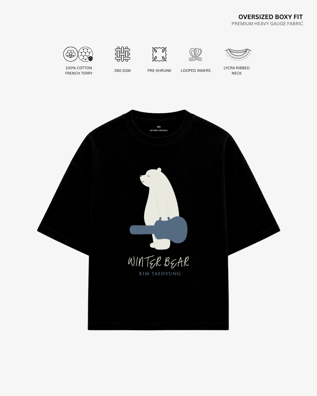 Winter Bear Taehyung French Terry Oversized T-Shirt | Antherr Core Black Cotton French Terry 260 GSM