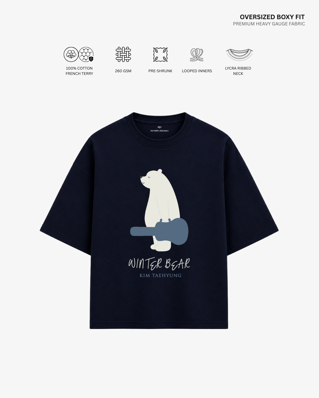 Winter Bear Taehyung French Terry Oversized T-Shirt | Antherr Core Navy Blue Cotton French Terry 260 GSM