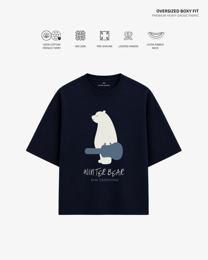 Winter Bear Taehyung French Terry Oversized T-Shirt | Antherr Core Navy Blue Cotton French Terry 260 GSM