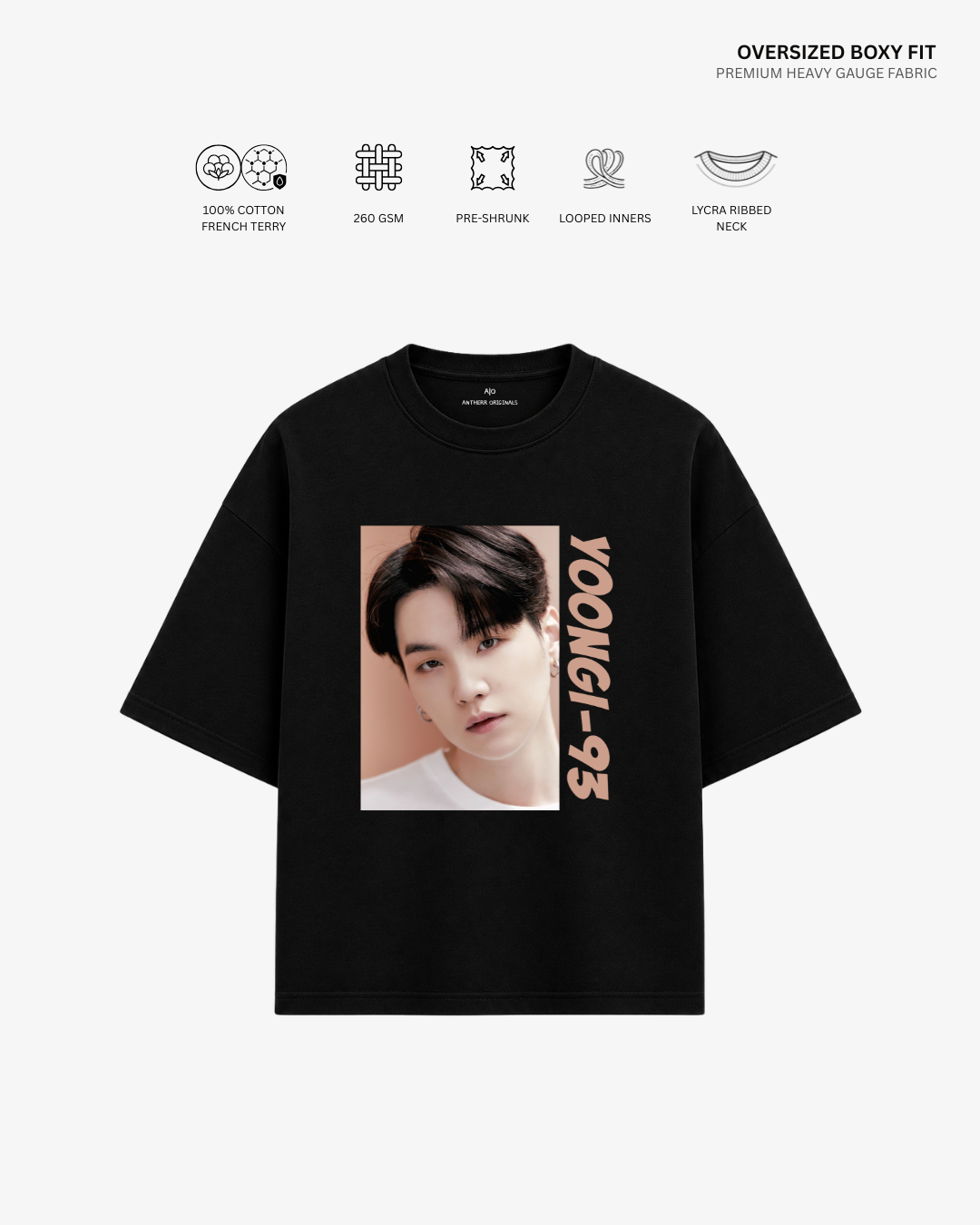 Yoongi Unisex French Terry Oversized T-Shirt | Antherr Core Black Cotton French Terry 260 GSM