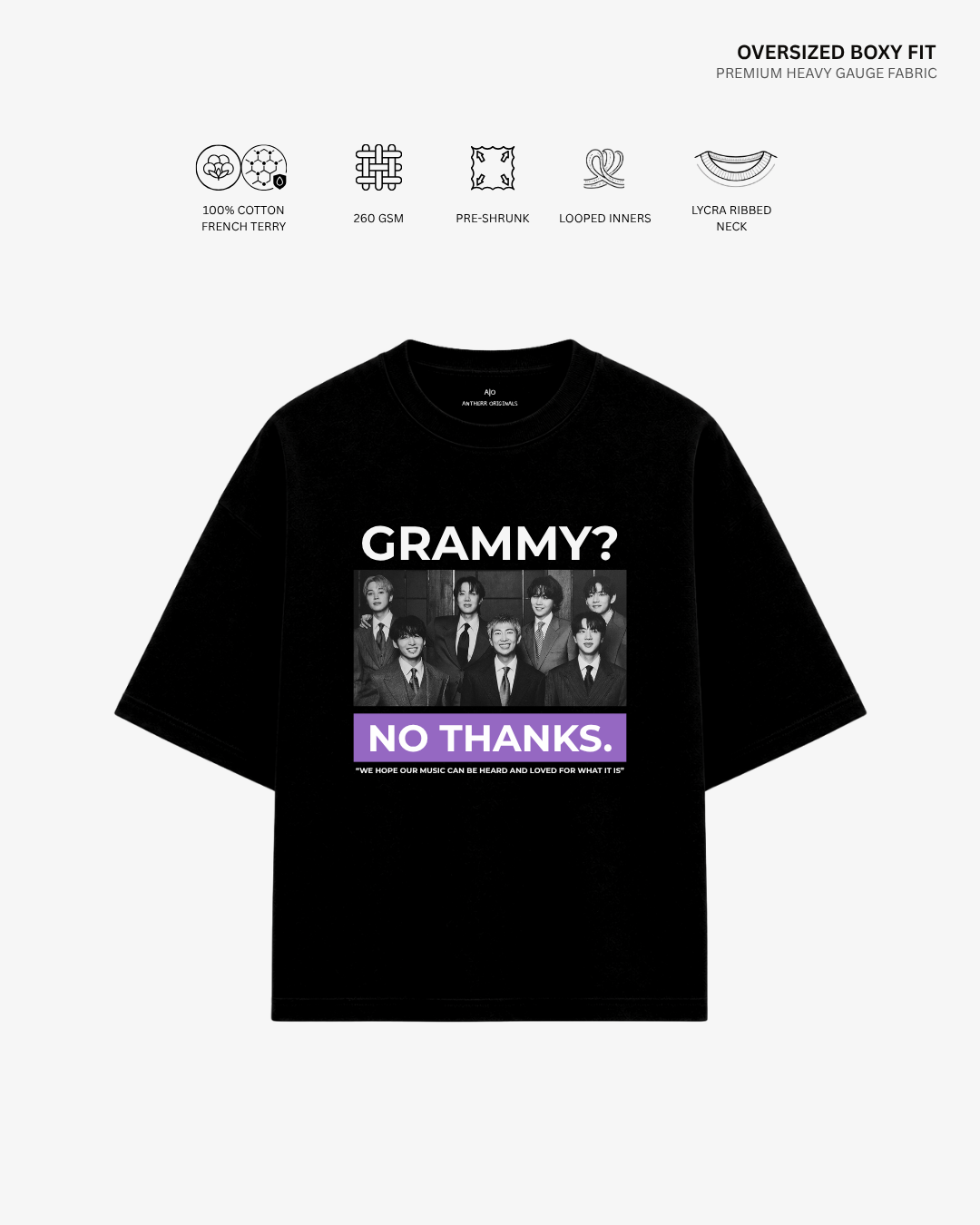 Grammy? No Thanks French Terry Oversized T-Shirt | Antherr Core Black Cotton French Terry 260 GSM