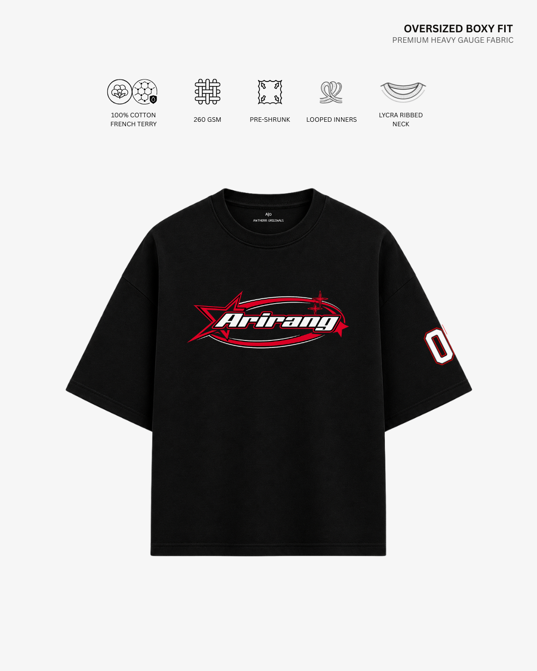 Arirang Varsity Edition French Terry Oversized T-Shirt | Antherr Core Black Cotton French Terry 260 GSM