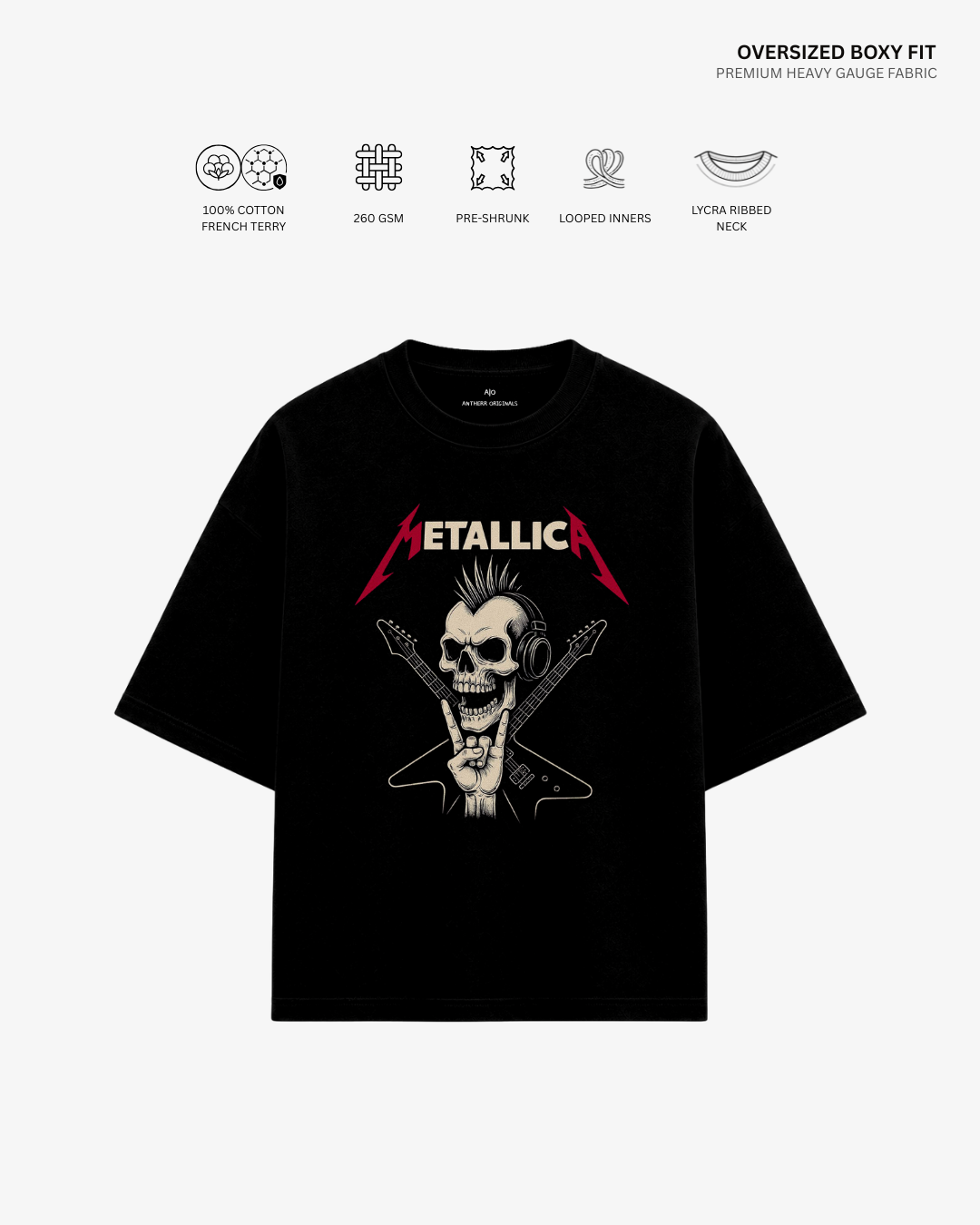 Metallica French Terry Oversized T-Shirt | Antherr Core Black Cotton French Terry 260 GSM
