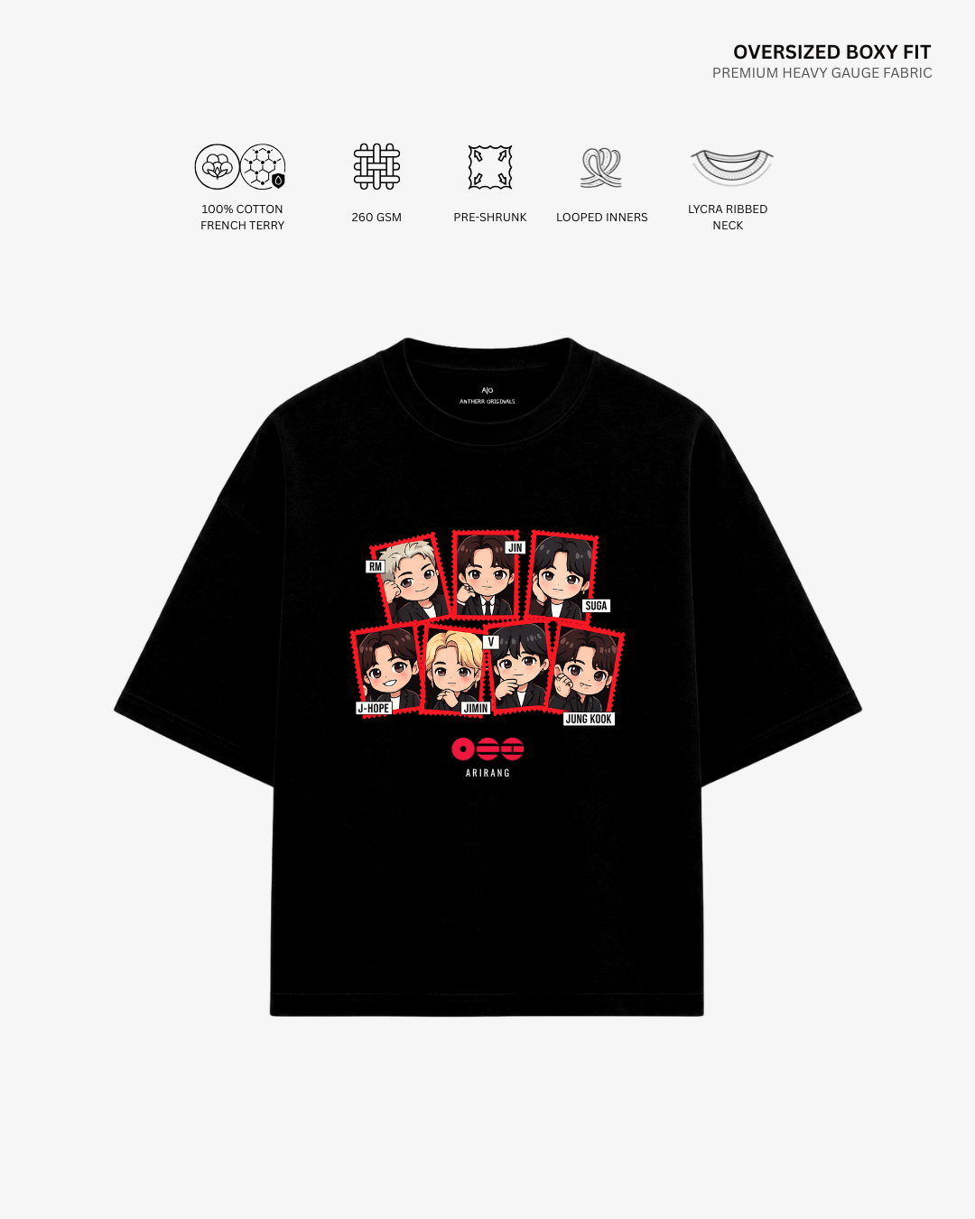Chibi Arirang BTS Member Unisex French Terry Oversized T-Shirt | Antherr Core Black Cotton French Terry 260 GSM
