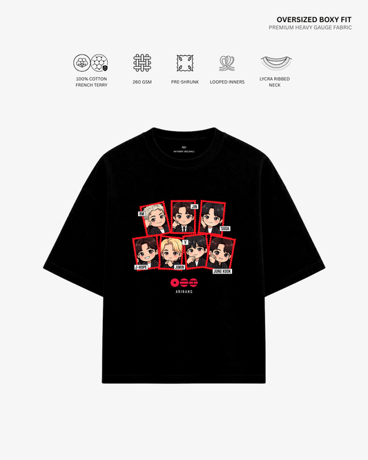 Chibi Arirang BTS Member Unisex French Terry Oversized T-Shirt | Antherr Core Black Cotton French Terry 260 GSM