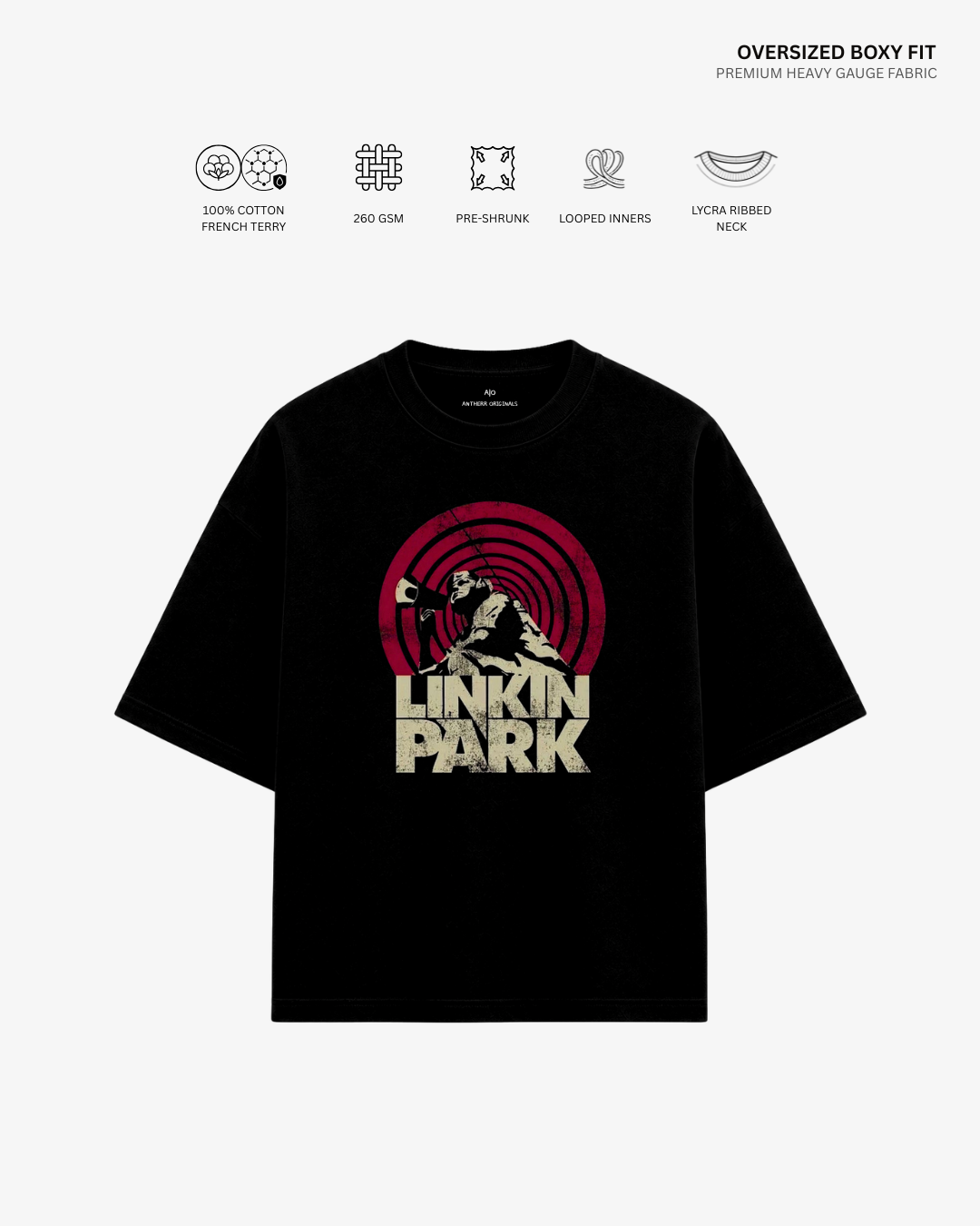 Linkin Park French Terry Oversized T-Shirt | Antherr Core Black Cotton French Terry 260 GSM