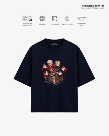 Chibi BTS 2.0 Arirang Unisex Oversized T-Shirt | Antherr Core Navy Blue Cotton French Terry 260 GSM