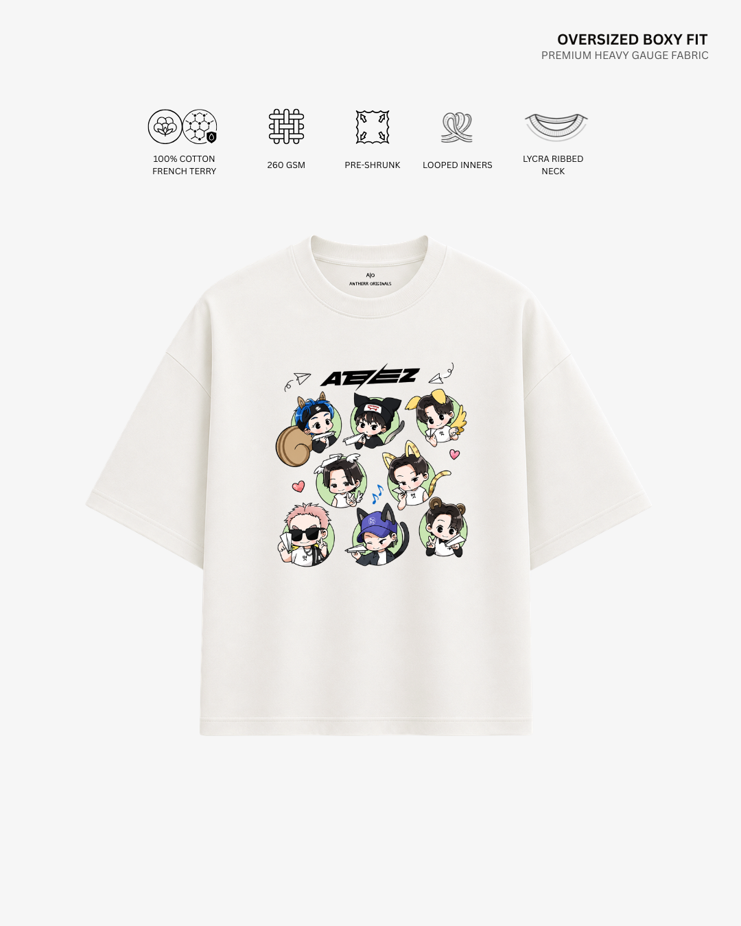Chibi Ateez French Terry Oversized T-Shirt | Antherr Core Off White Cotton French Terry 260 GSM