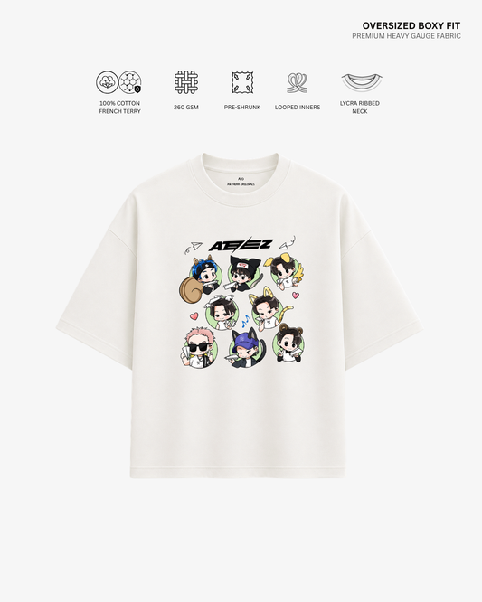 Chibi Ateez French Terry Oversized T-Shirt | Antherr Core Off White Cotton French Terry 260 GSM