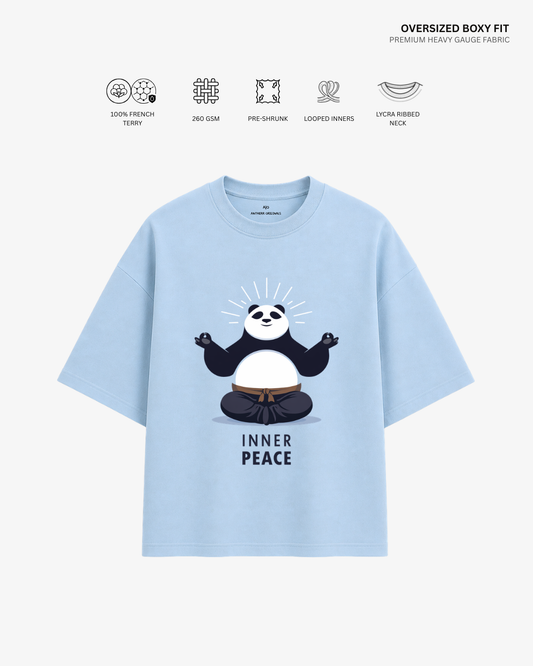 Inner Peace Panda Unisex French Terry Oversized T-Shirt | Antherr Core Baby Blue Cotton French Terry 260 GSM