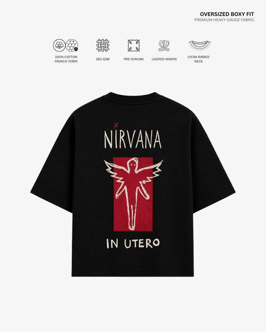 Nirvana In Utero Unisex French Terry Oversized T-Shirt | Antherr Core Black Cotton French Terry 260 GSM