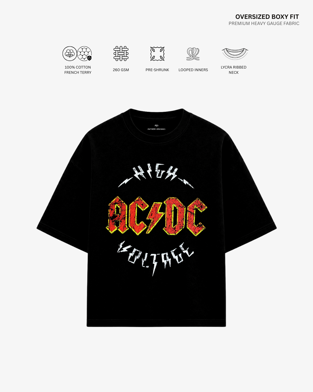 AC DC High Voltage Graphic French Terry Oversized T-Shirt | Antherr Core Black Cotton French Terry 260 GSM