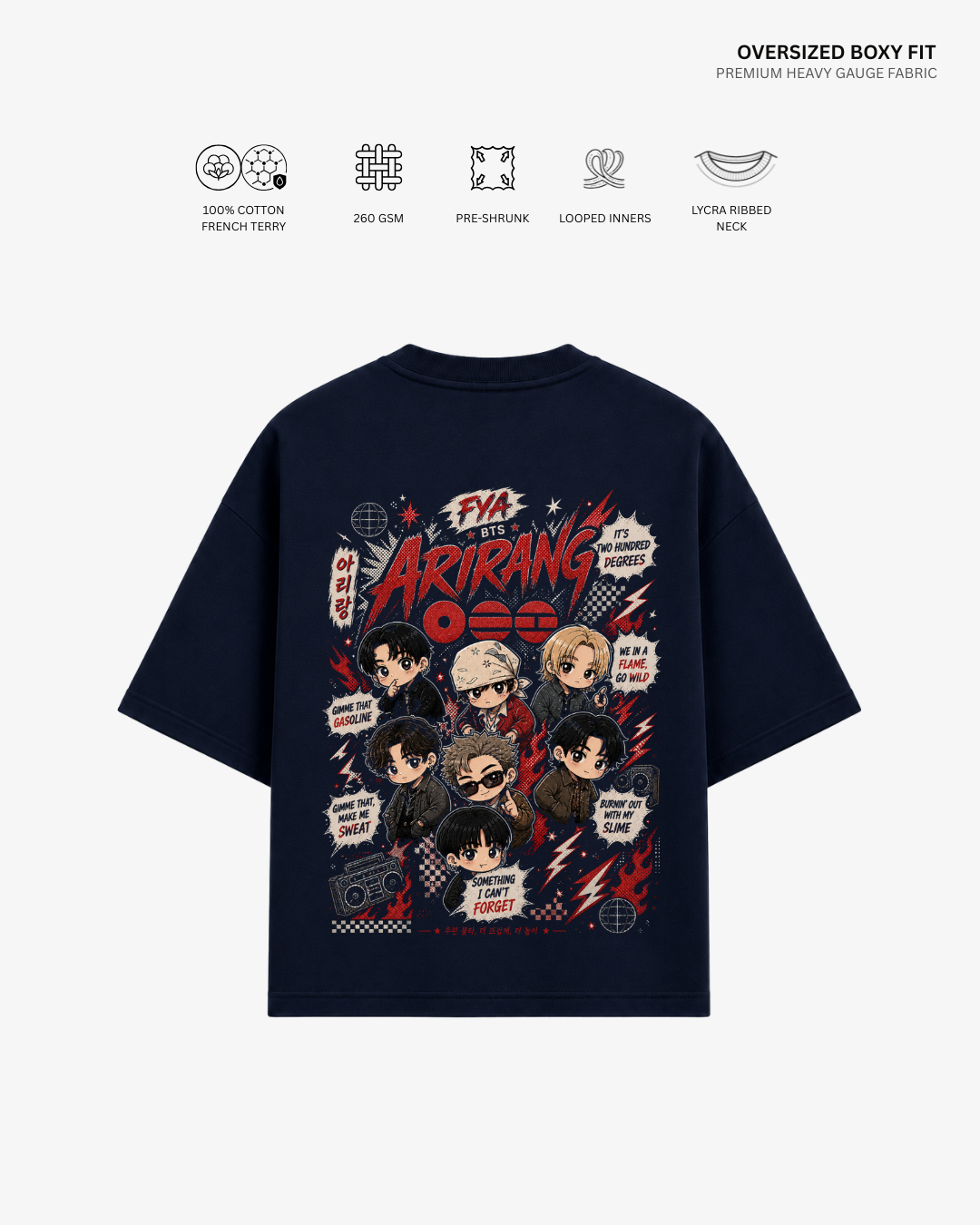 Chibi FYA Arirang Unisex French Terry Oversized T-Shirt Navy Blue Cotton French Terry 260 GSM