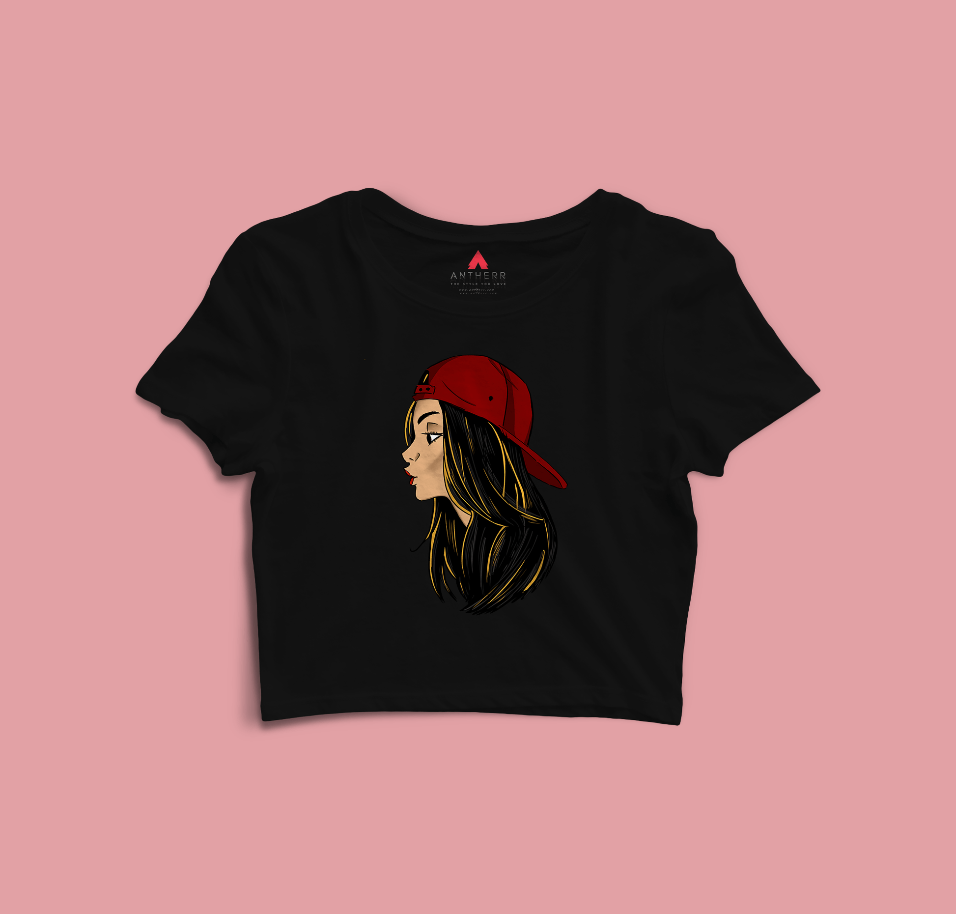 " CHIN UP GIRLS " - HALF-SLEEVE CROP TOPS BLACK
