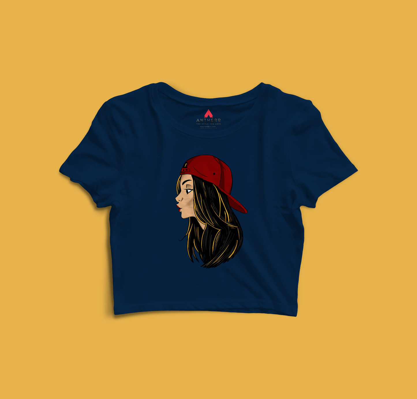 " CHIN UP GIRLS " - HALF-SLEEVE CROP TOPS NAVY BLUE