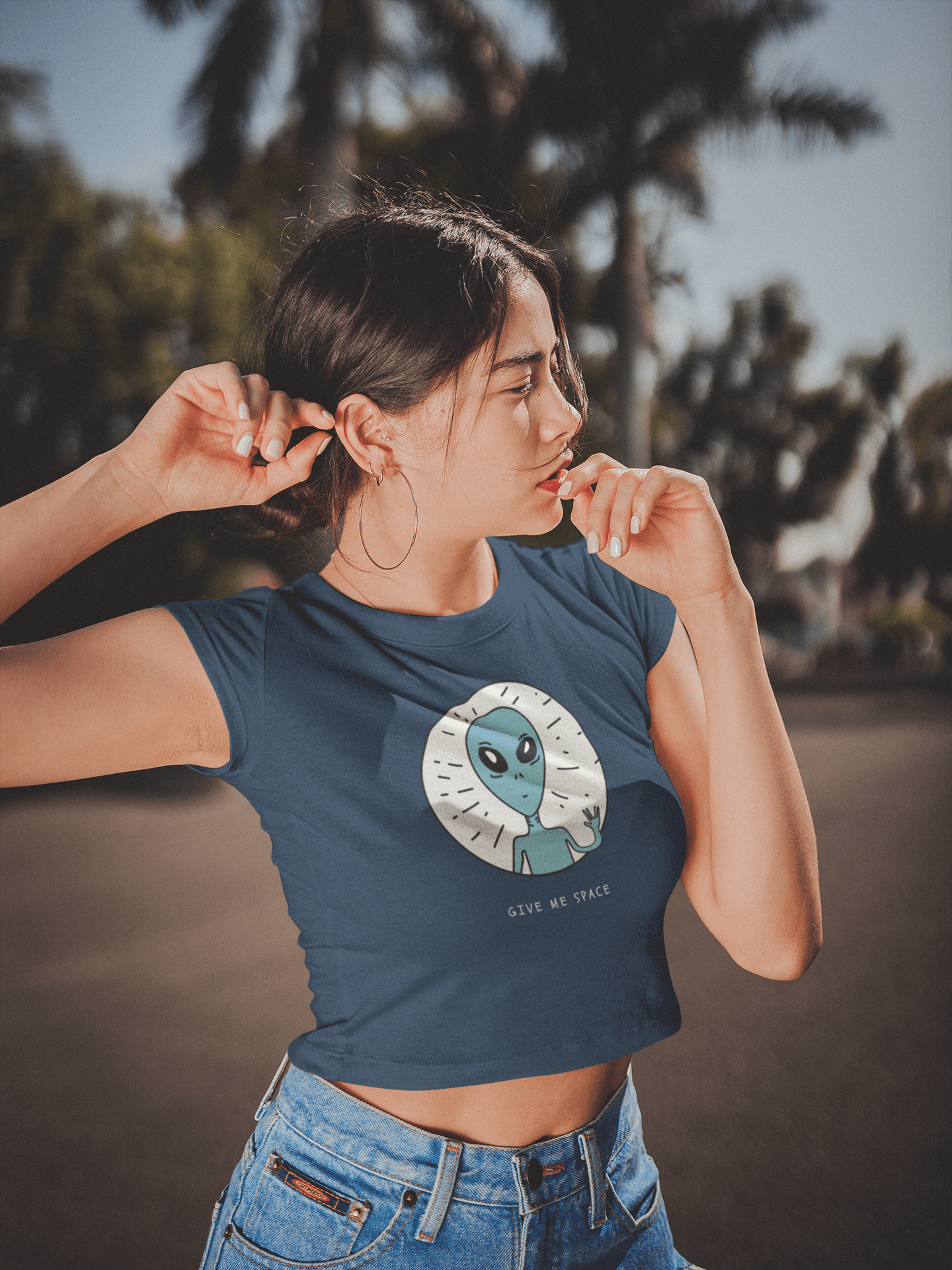 " GIVE ME SPACE " - HALF-SLEEVE CROP TOPS NAVY BLUE