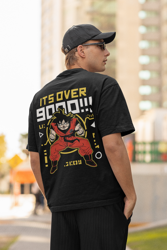 It's Over 9000: Dragon Ball Z (Double Sided Print)- Oversized T-Shirts BLACK