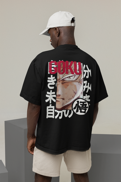 Goku- Dragon Ball Z (Double Sided Print): Anime-Oversized T-shirts BLACK 240 GSM