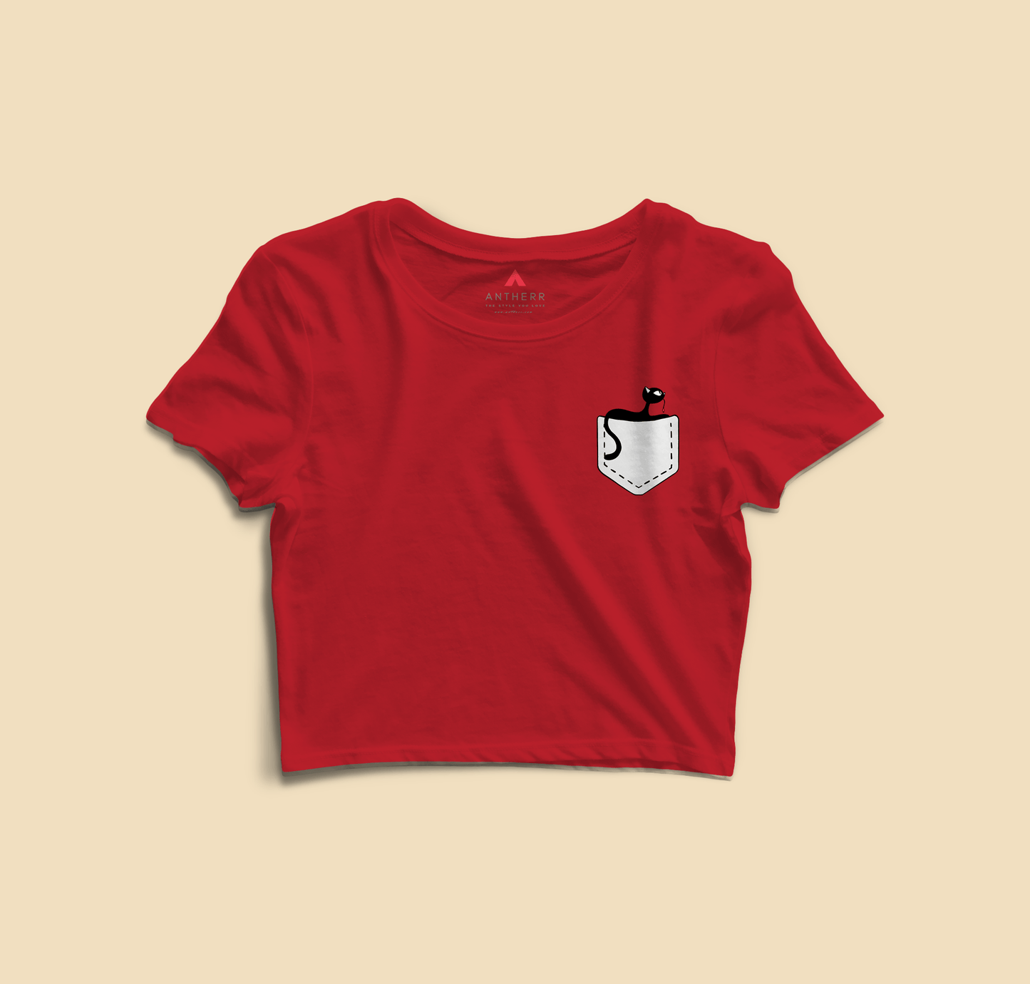 " CUTE CAT " - HALF SLEEVE POCKET DESIGN CROP TOPS RED