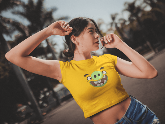 " PIGGY " - ANGRY BIRDS - HALF-SLEEVE CROP TOPS YELLOW