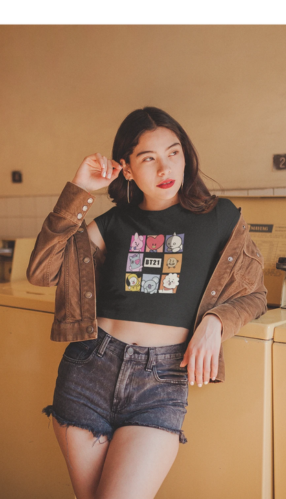 CHIBI BT21 SQUAD : BTS - HALF-SLEEVE CROP TOPS BLACK