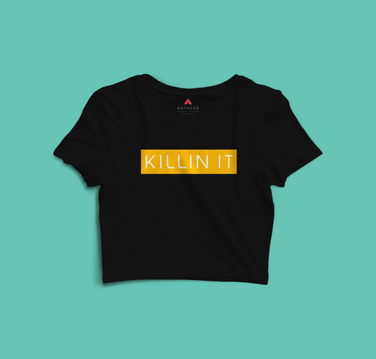 "KILLING IT" - HALF-SLEEVE CROP TOPS BLACK