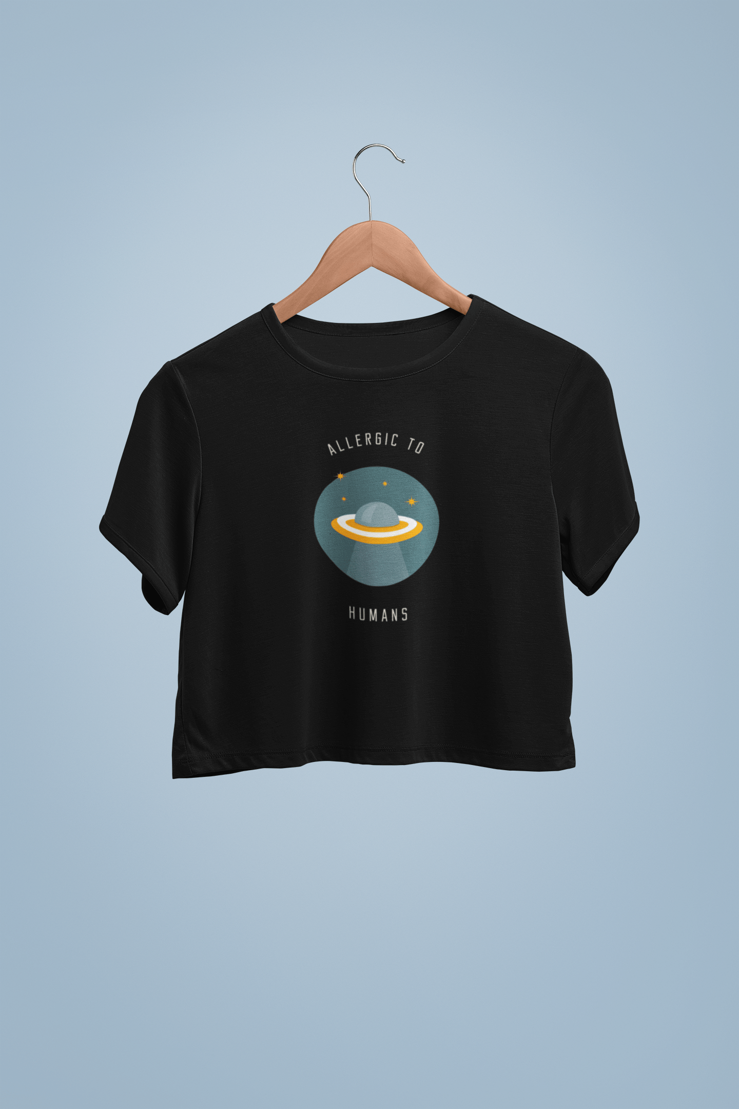 "ALLERGIC TO HUMAN " HALF SLEEVE CROP TOPS BLACK
