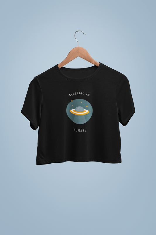 "ALLERGIC TO HUMAN " HALF SLEEVE CROP TOPS BLACK