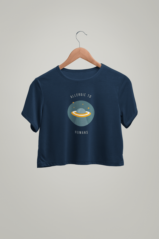 "ALLERGIC TO HUMAN " HALF SLEEVE CROP TOPS NAVY-BLUE