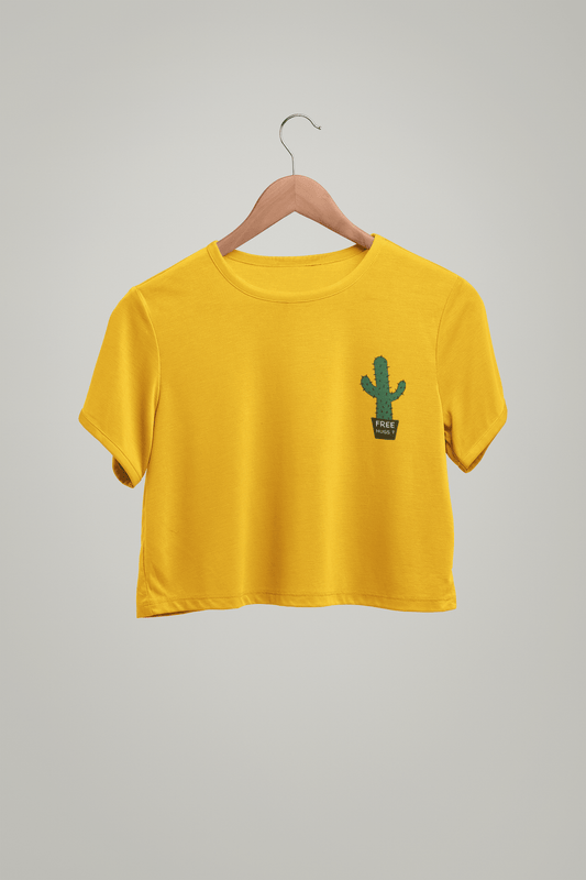 " FREE HUGS " - HALF-SLEEVE POCKET DESIGN CROP TOPS YELLOW