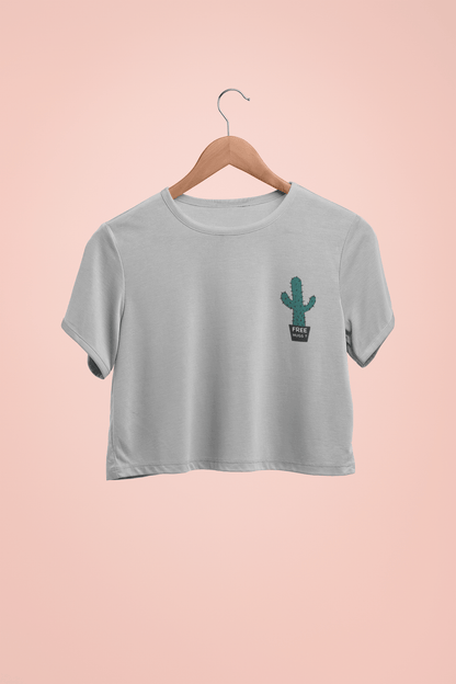 " FREE HUGS " - HALF-SLEEVE POCKET DESIGN CROP TOPS GREY