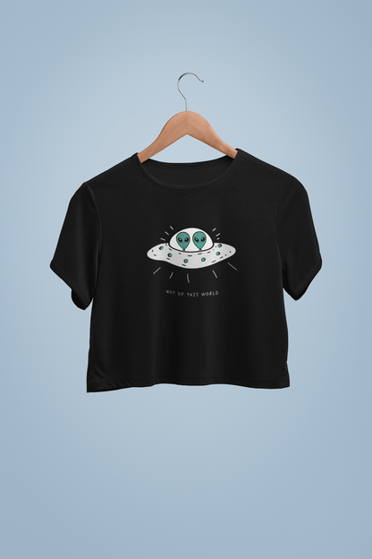 " NOT OF THIS WORLD " - HALF-SLEEVE CROP TOPS BLACK