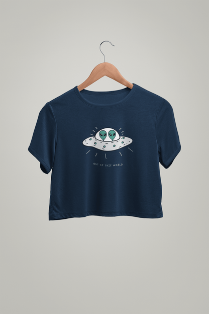 " NOT OF THIS WORLD " - HALF-SLEEVE CROP TOPS NAVY BLUE