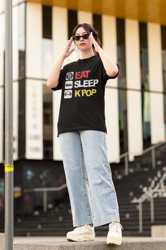 Eat Sleep K-Pop Unisex Oversized T-Shirts BLACK Cotton 180 GSM (Lightweight)