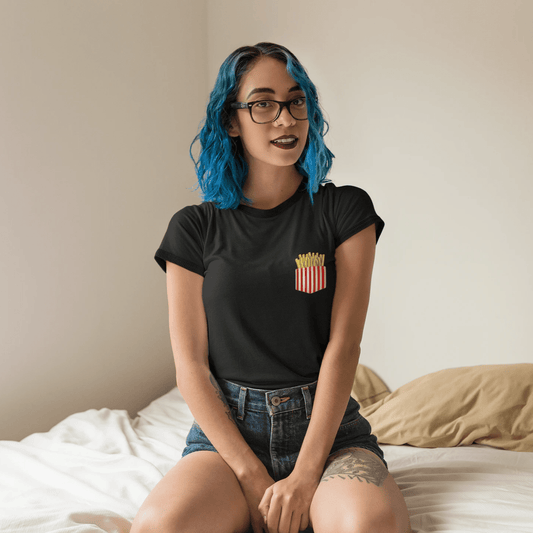 " FRENCH FRIES LOVE " Half-sleeve Pocket Design Crop Tops BLACK