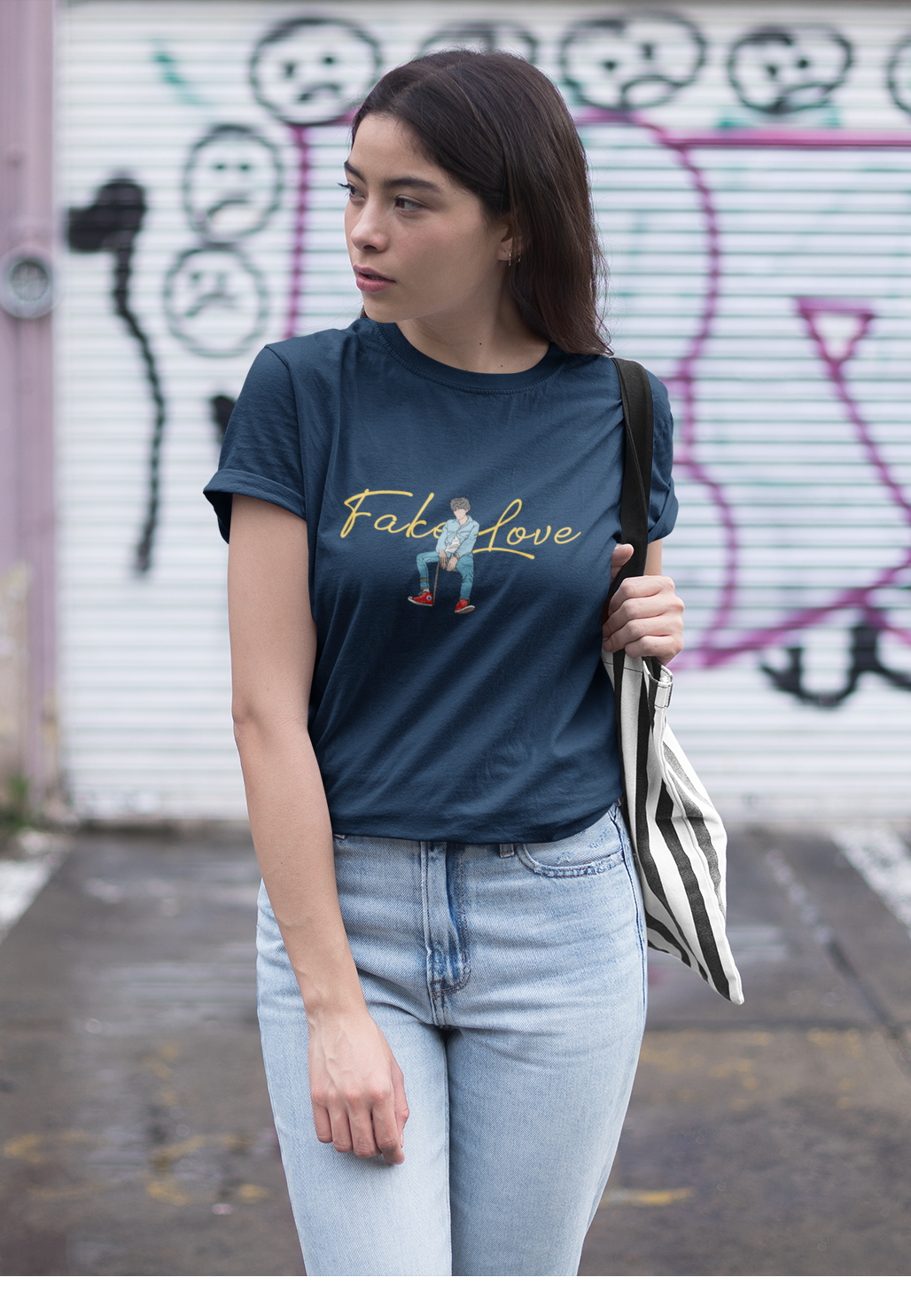 FAKE LOVE : BTS - HALF-SLEEVE T-SHIRTS NAVY BLUE