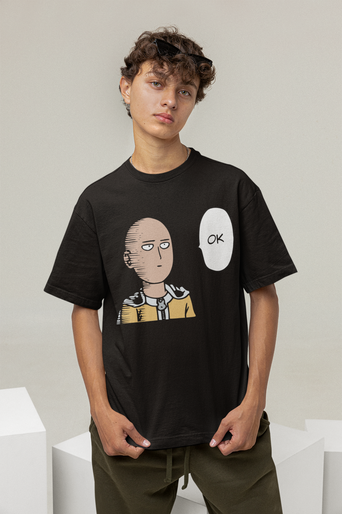 Ok- One Punch Man Unisex Oversized T-Shirts BLACK Cotton 240 GSM