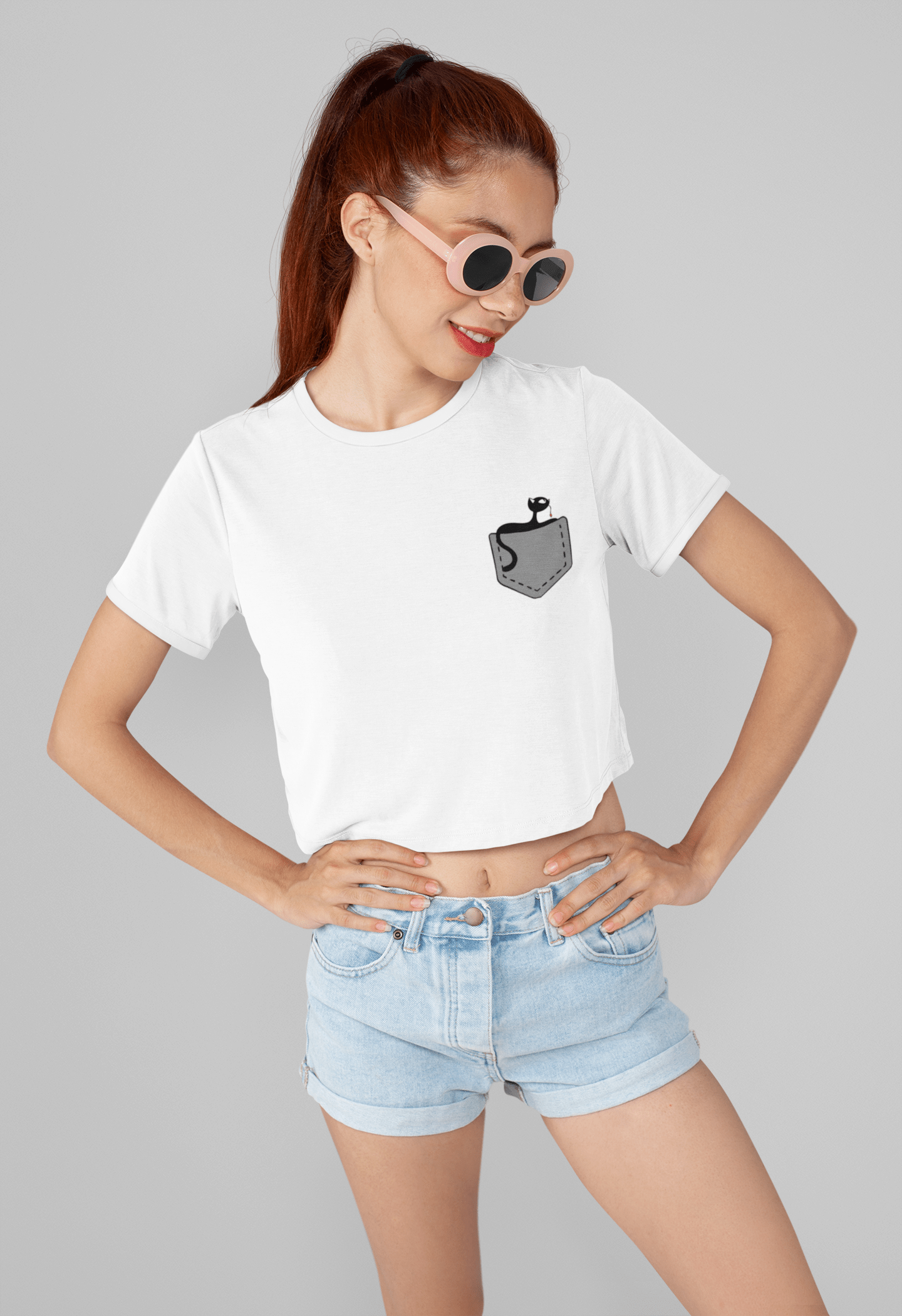 " CUTE CAT " - HALF SLEEVE POCKET DESIGN CROP TOPS