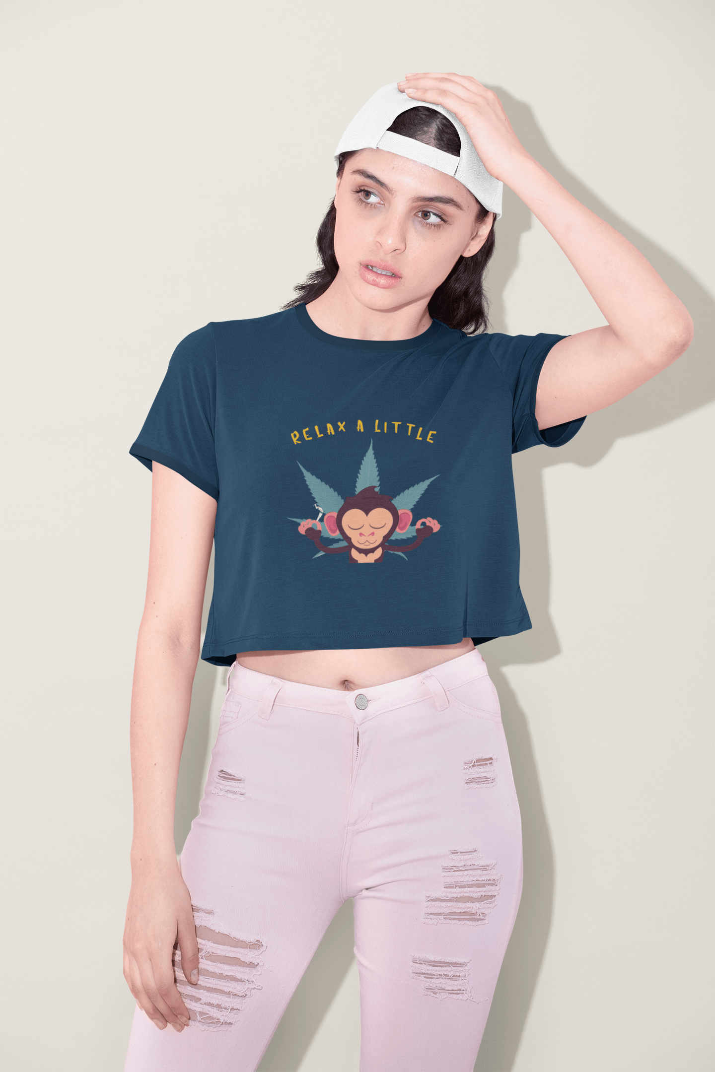 " RELAX A LITTLE " - HALF-SLEEVE CROP TOPS. NAVY BLUE