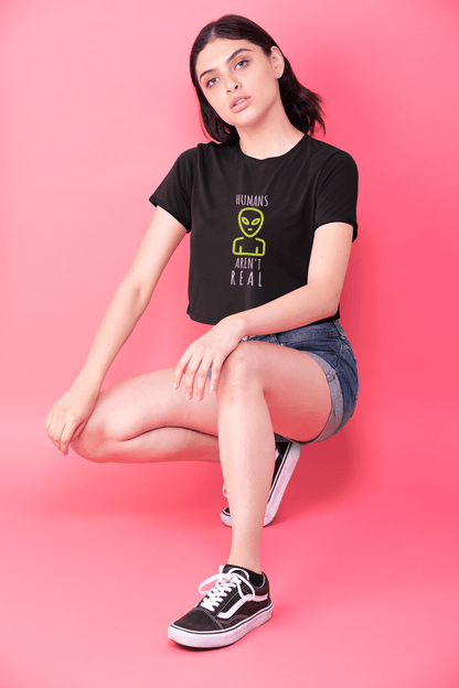 " HUMANS ARE NOT REAL " - HALF-SLEEVE CROP TOPS BLACK