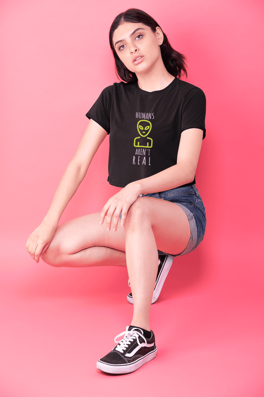 " HUMANS ARE NOT REAL " - HALF-SLEEVE CROP TOPS BLACK