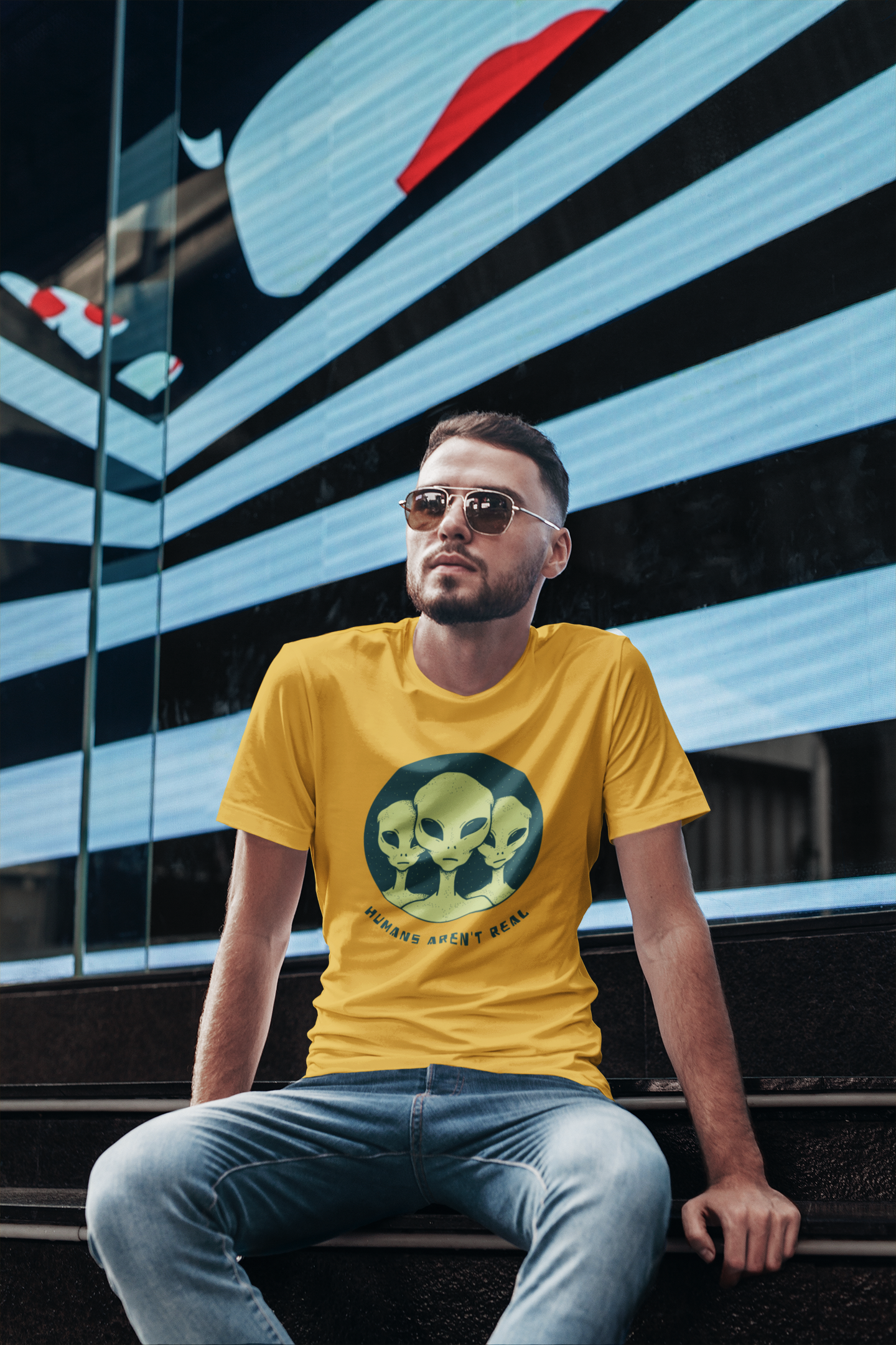 HUMANS AREN'T REAL : ALIEN & SPACE- HALF-SLEEVE T-SHIRTS YELLOW