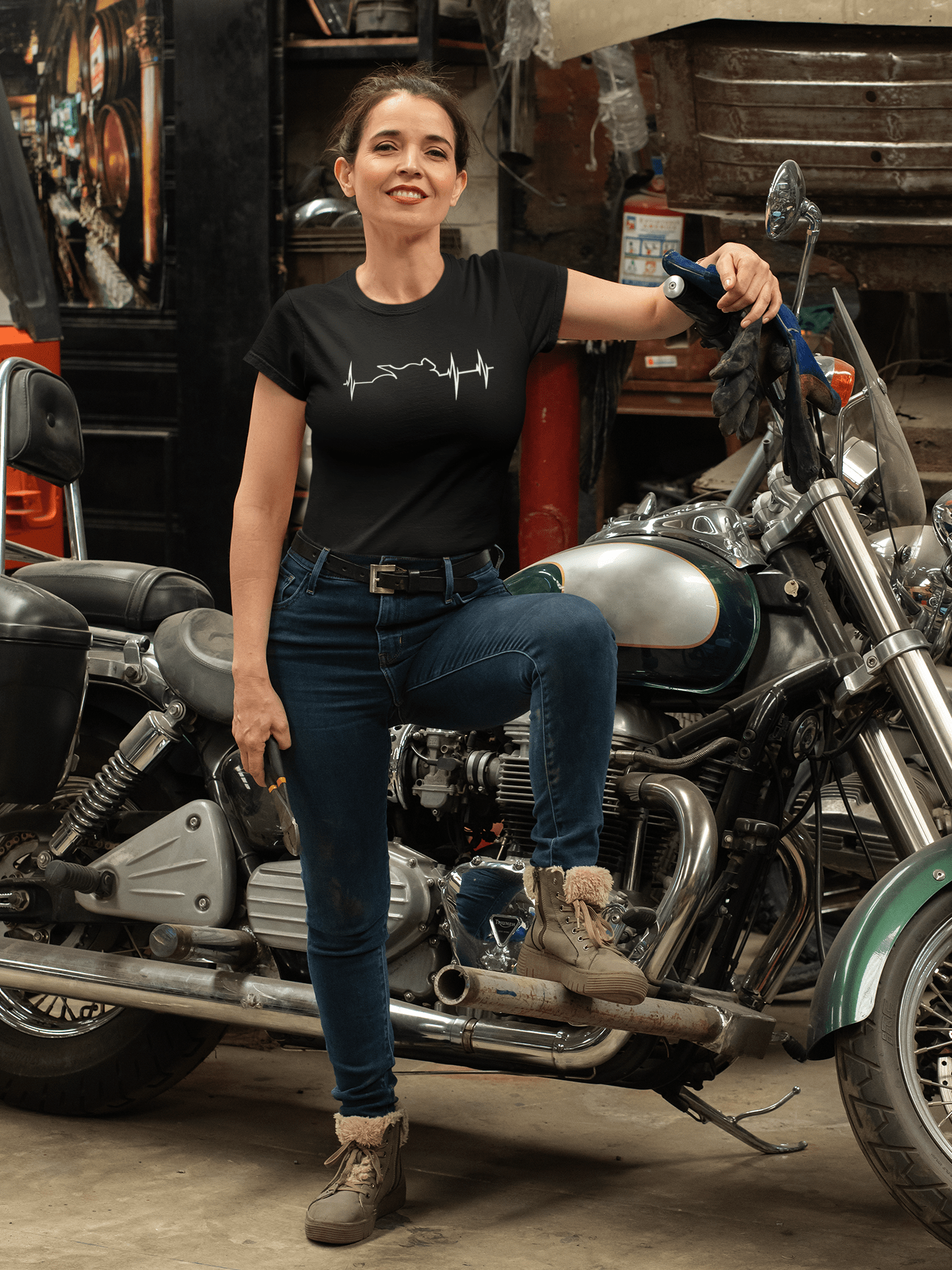 " Heartbeat pulse with motorcycle " HALF-SLEEVE T-SHIRTS BLACK