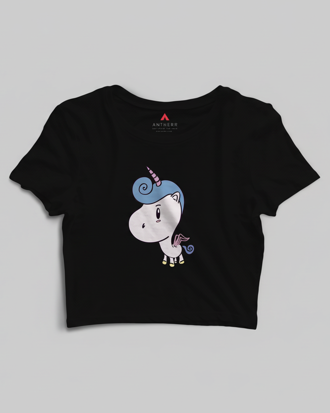 "CUTE UNICORN" - HALF SLEEVE CROP TOPS BLACK