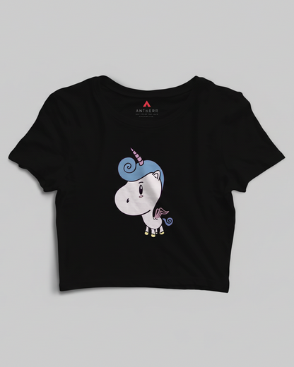 "CUTE UNICORN" - HALF SLEEVE CROP TOPS BLACK